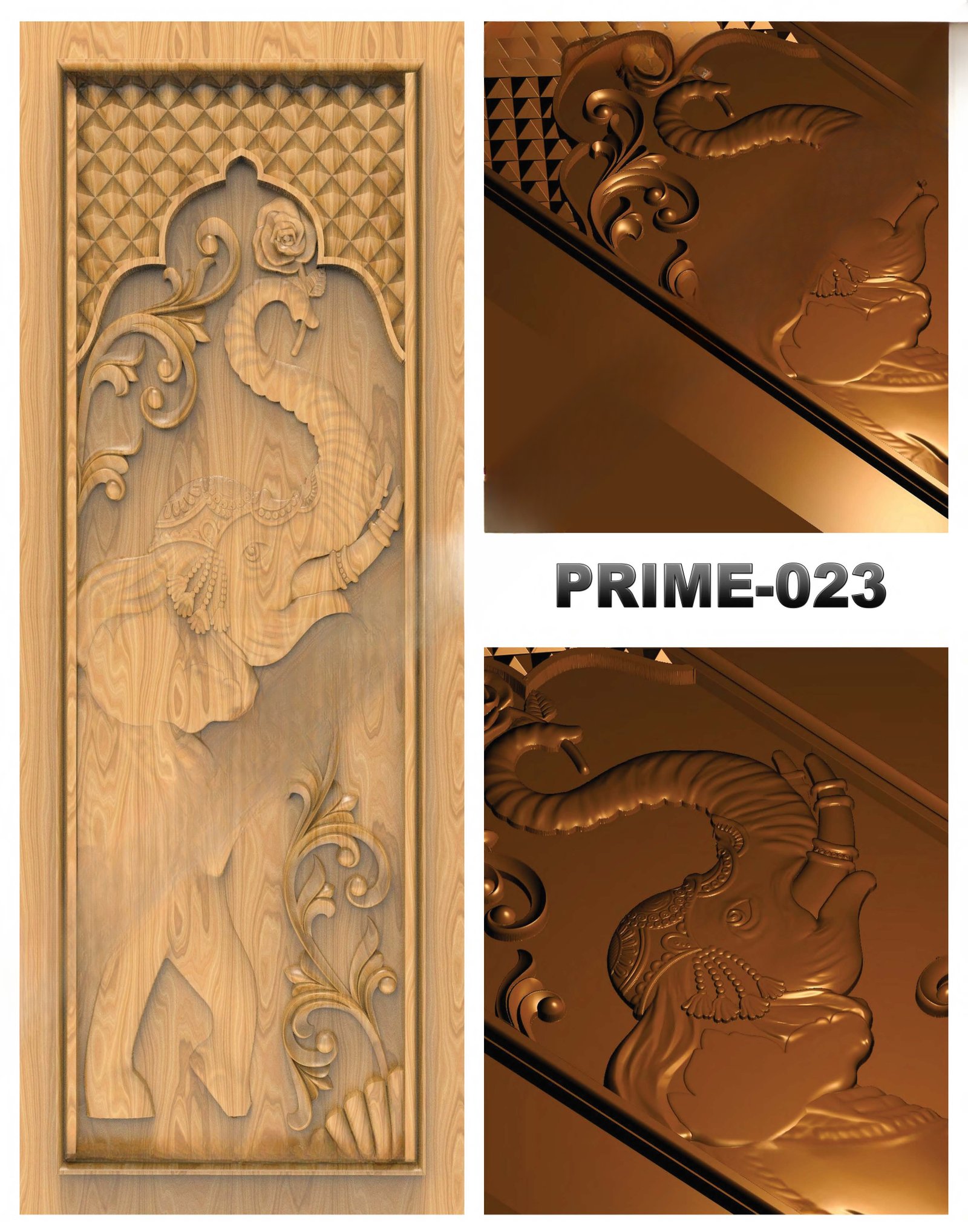 prime designs - PRIME-23 Elegant Elephant Motif Traditional Wooden Door 3D Model